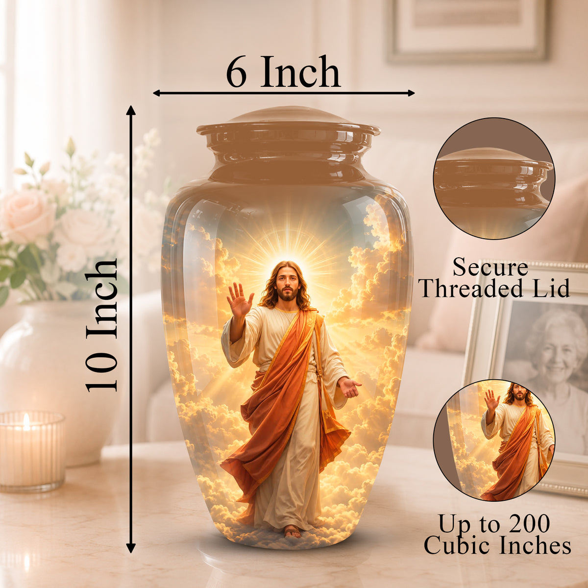 A glass cremation urn with a printed image of Jesus standing in a glowing sky, shown on a tabletop with dimension labels reading 10 Inch tall and 6 Inch wide. Two circular inset callouts say 'Secure Threaded Lid' and 'Up to 200 Cubic Inches.