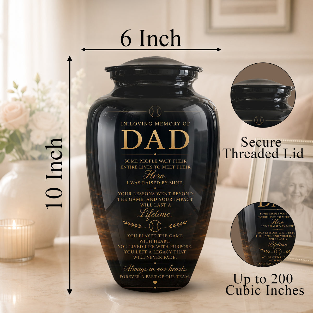 Personalized Black Urns For Dad - Quotes Aluminum Memorial Urns For Father