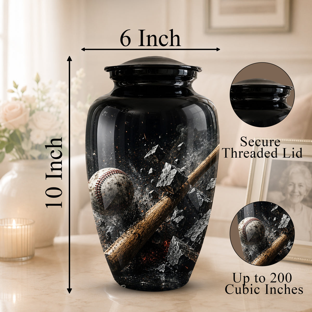 Baseball Bat Shattering Stone Urn - Custom Black Funeral Urns For Ashes