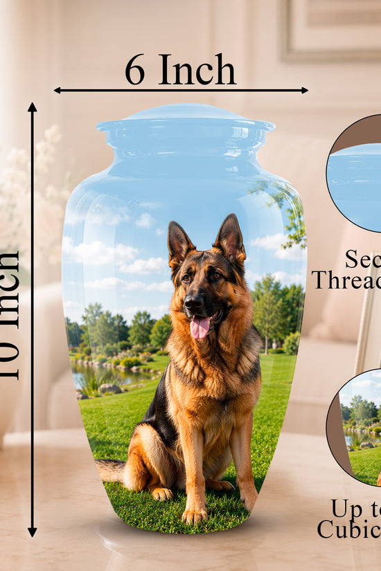 Personalized glass pet memorial urn with a printed German Shepherd on a green lawn under a blue sky, shown on a tabletop with size annotations of 10 inches height and 6 inches width, plus circular inset callouts for the secure threaded lid and up to 200 cubic inches capacity.