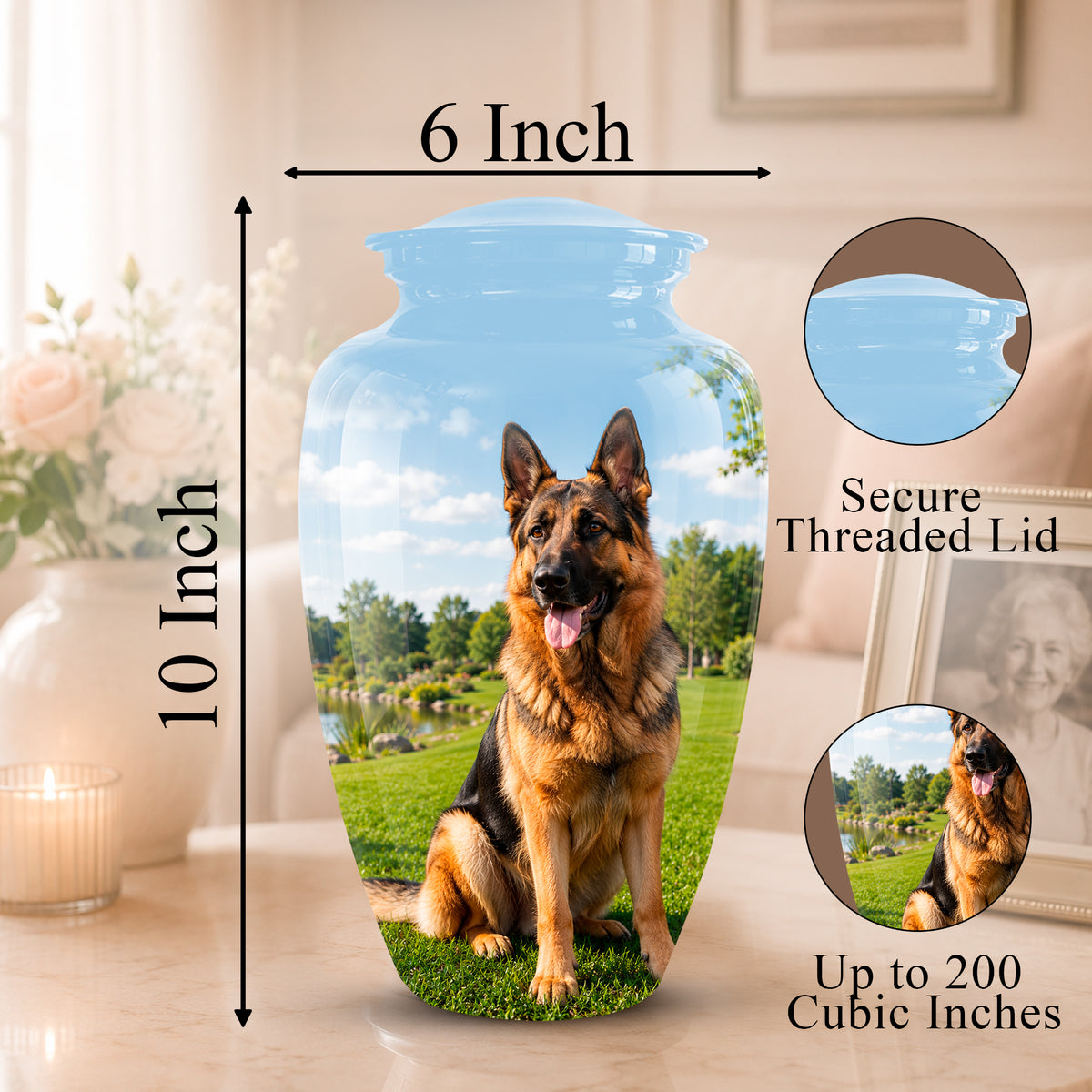 Personalized glass pet memorial urn with a printed German Shepherd on a green lawn under a blue sky, shown on a tabletop with size annotations of 10 inches height and 6 inches width, plus circular inset callouts for the secure threaded lid and up to 200 cubic inches capacity.