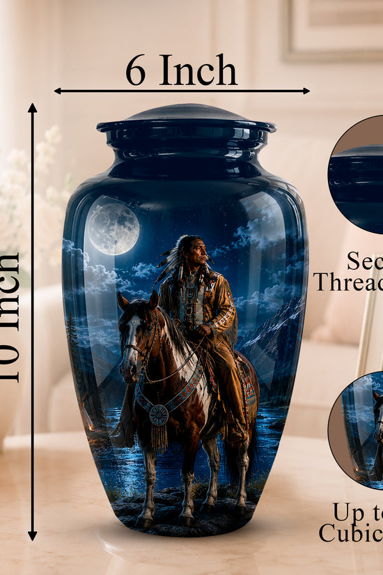 A decorative ceramic urn with a lid, shown on a tabletop in a softly lit interior. The urn is dark blue with a printed scene of a rider on a horse at night, and measurement callouts indicate 10 inch height and 6 inch width.