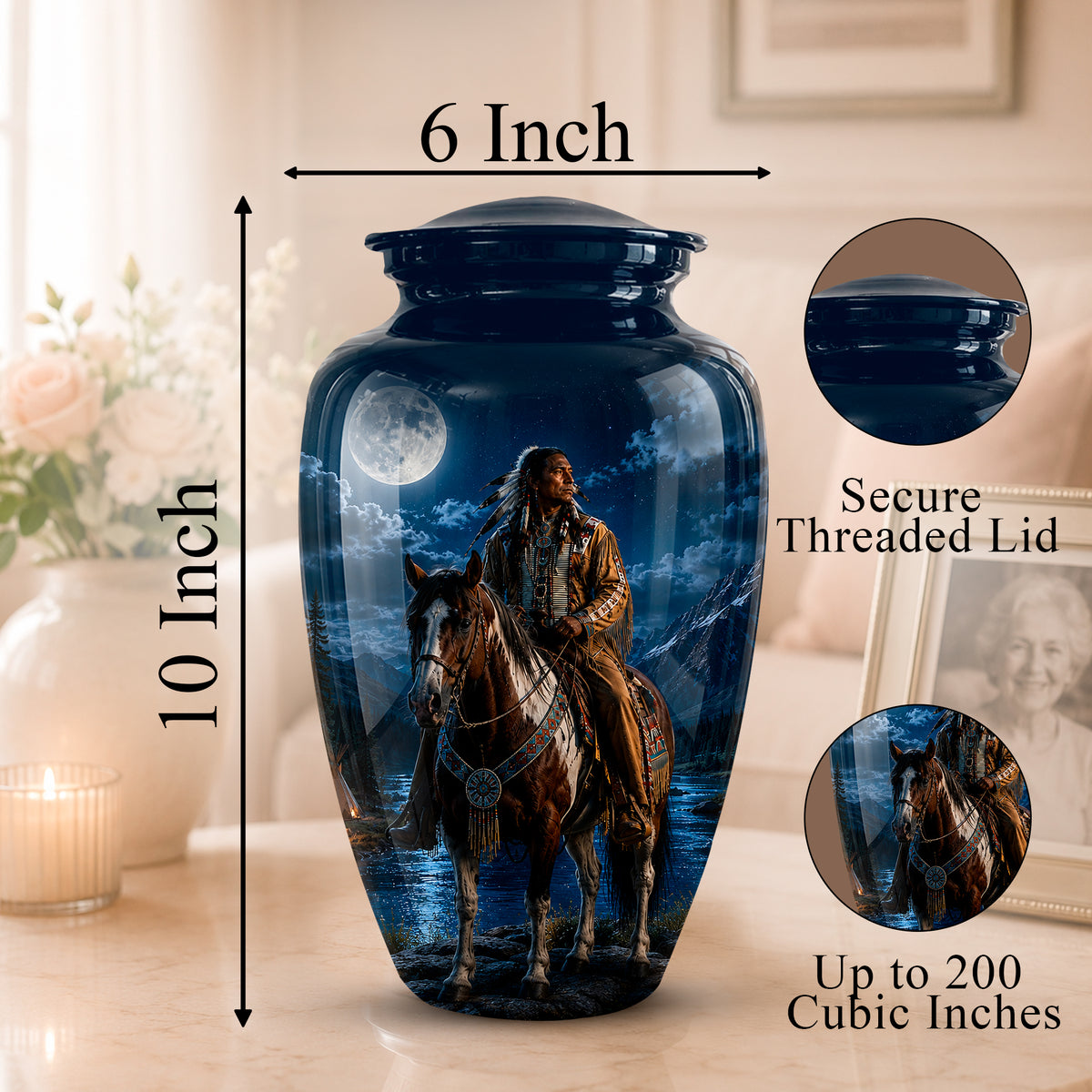 A decorative ceramic urn with a lid, shown on a tabletop in a softly lit interior. The urn is dark blue with a printed scene of a rider on a horse at night, and measurement callouts indicate 10 inch height and 6 inch width.