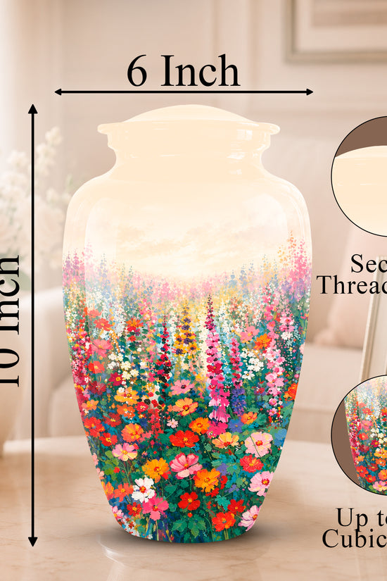 A floral ceramic vase shown in a home interior with measurement arrows indicating 6 inch width and 10 inch height. Two circular inset callouts highlight the secure threaded lid and the multicolor floral print, including text noting up to 200 cubic inches.