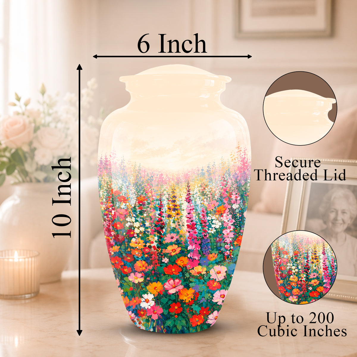A floral ceramic vase shown in a home interior with measurement arrows indicating 6 inch width and 10 inch height. Two circular inset callouts highlight the secure threaded lid and the multicolor floral print, including text noting up to 200 cubic inches.