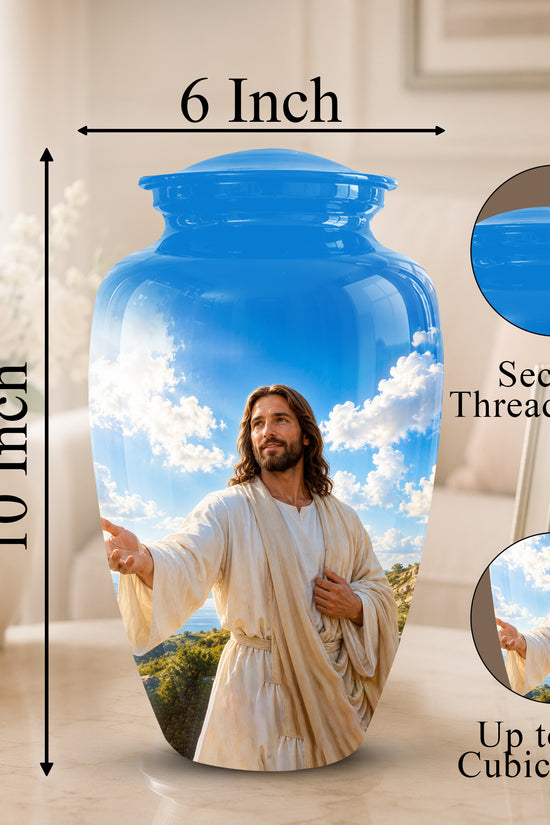 Blue Jesus Funeral Urn - Custom Aluminum Cremation Urn For Human Ashes