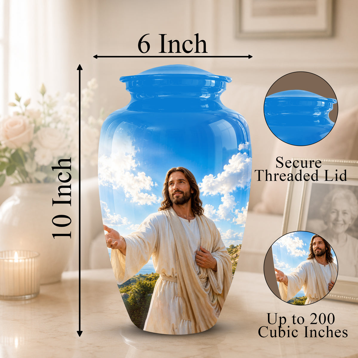 Blue Jesus Funeral Urn - Custom Aluminum Cremation Urn For Human Ashes