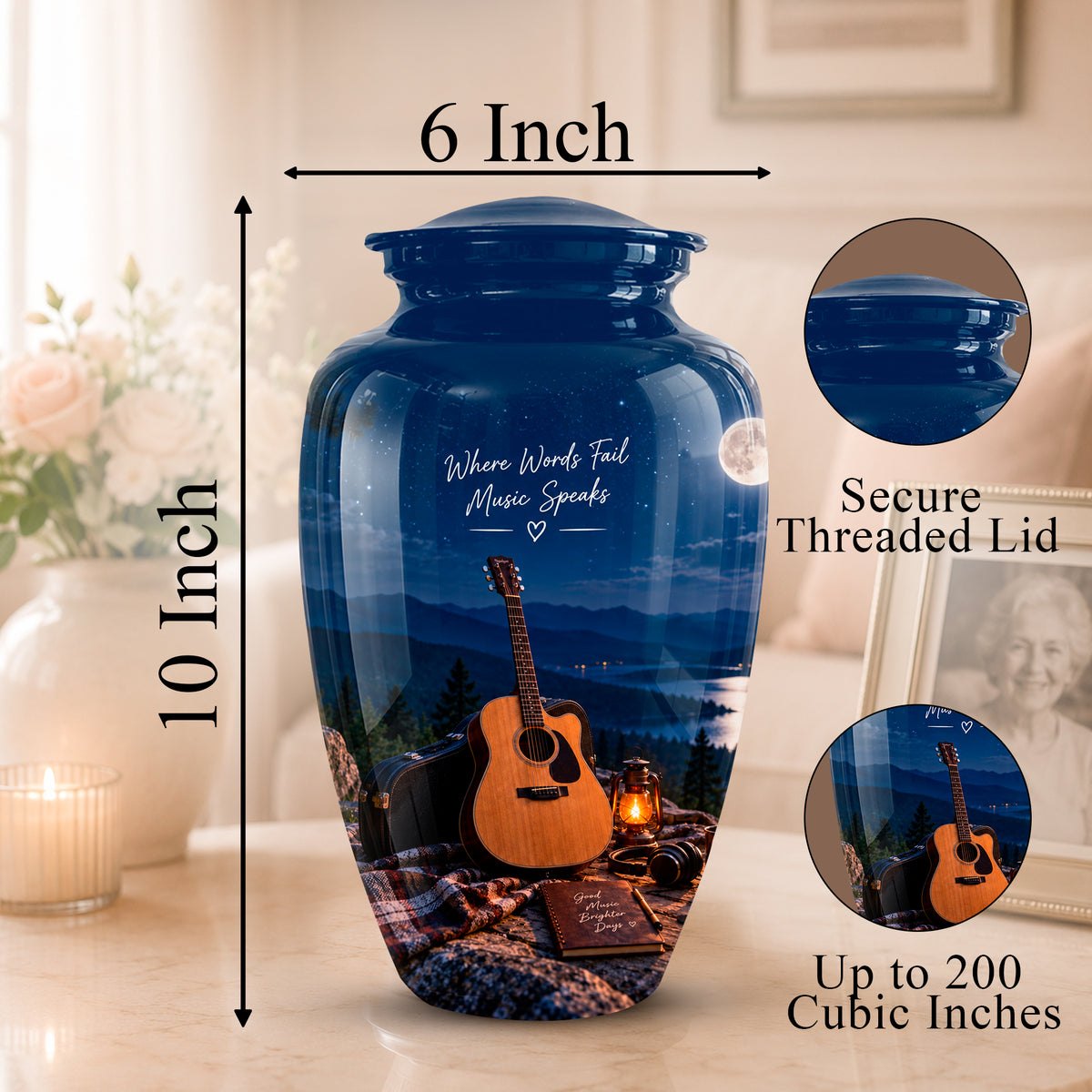 A personalized ceramic memorial urn vase with a blue night-sky and mountain landscape print, featuring an acoustic guitar and a book. The image includes dimension lines showing the product is 10 inches tall and 6 inches wide at the top, with circular inset images highlighting the secure threaded lid and the custom print detail.