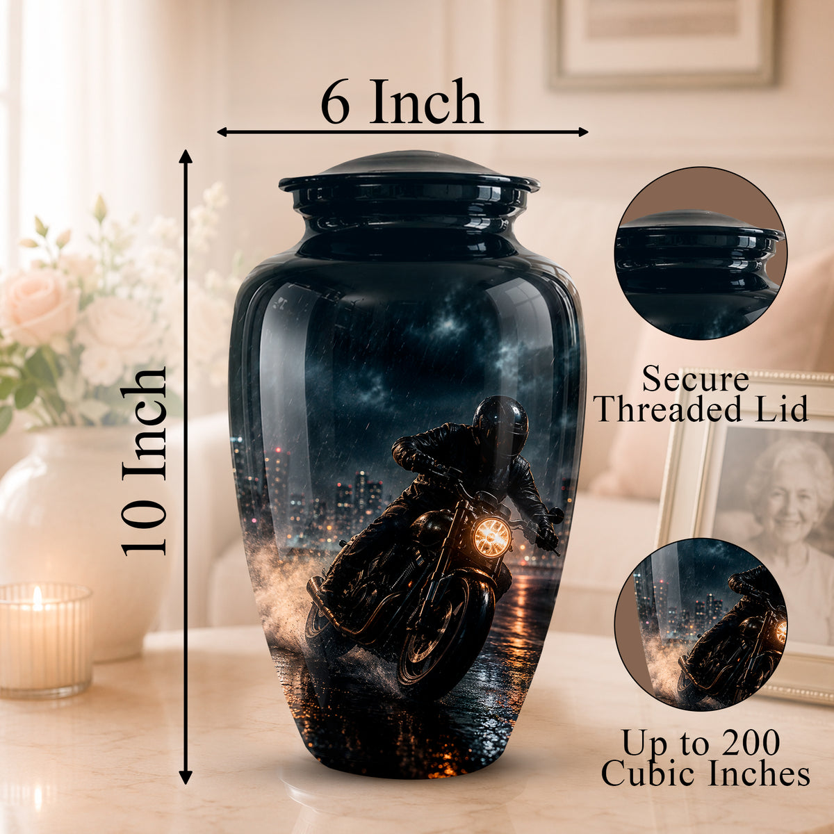 A glossy black ceramic cremation urn with a printed motorcycle rider over a city skyline design, shown on a tabletop with dimension labels reading 6 Inch and 10 Inch, plus circular inset close-ups of the lid and printed detail.