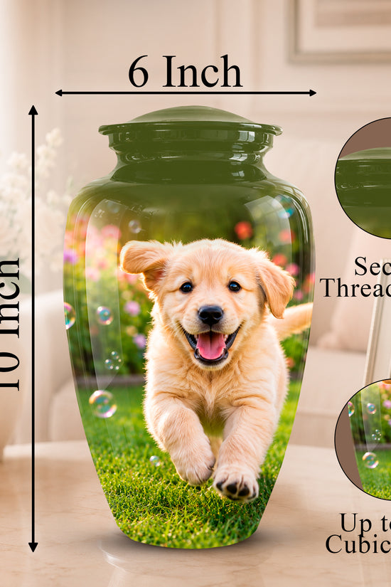A printed ceramic pet memorial urn with a golden retriever puppy photo on the front, shown with dimension arrows labeled 10 inch tall and 6 inch wide. The image includes inset circles showing the secure threaded lid and a photo-frame compatibility, on a softly lit indoor background.