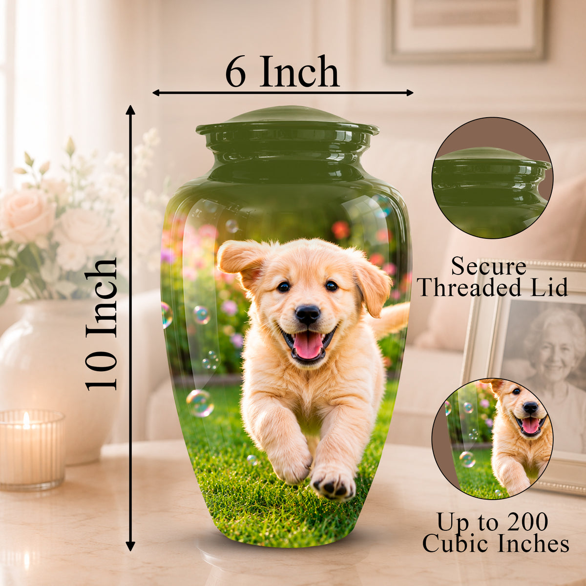 A printed ceramic pet memorial urn with a golden retriever puppy photo on the front, shown with dimension arrows labeled 10 inch tall and 6 inch wide. The image includes inset circles showing the secure threaded lid and a photo-frame compatibility, on a softly lit indoor background.