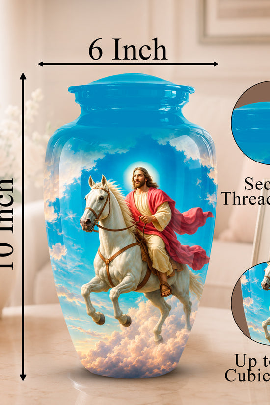 A decorative ceramic or glass vase shown in a home interior setting, with dimension arrows labeling it 10 inches tall and 6 inches wide at the top. The vase features a printed religious scene of Jesus riding a white horse through clouds.