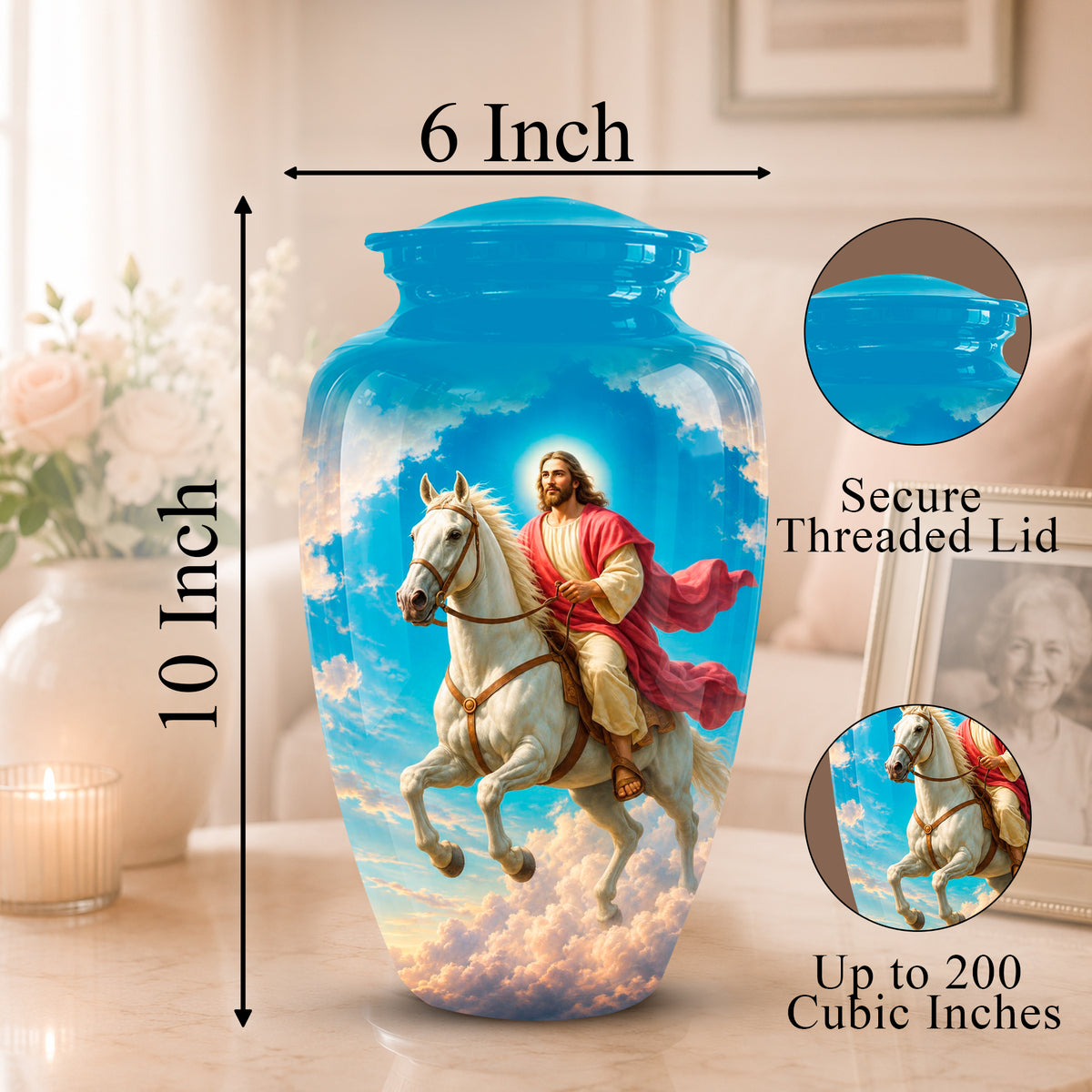 A decorative ceramic or glass vase shown in a home interior setting, with dimension arrows labeling it 10 inches tall and 6 inches wide at the top. The vase features a printed religious scene of Jesus riding a white horse through clouds.
