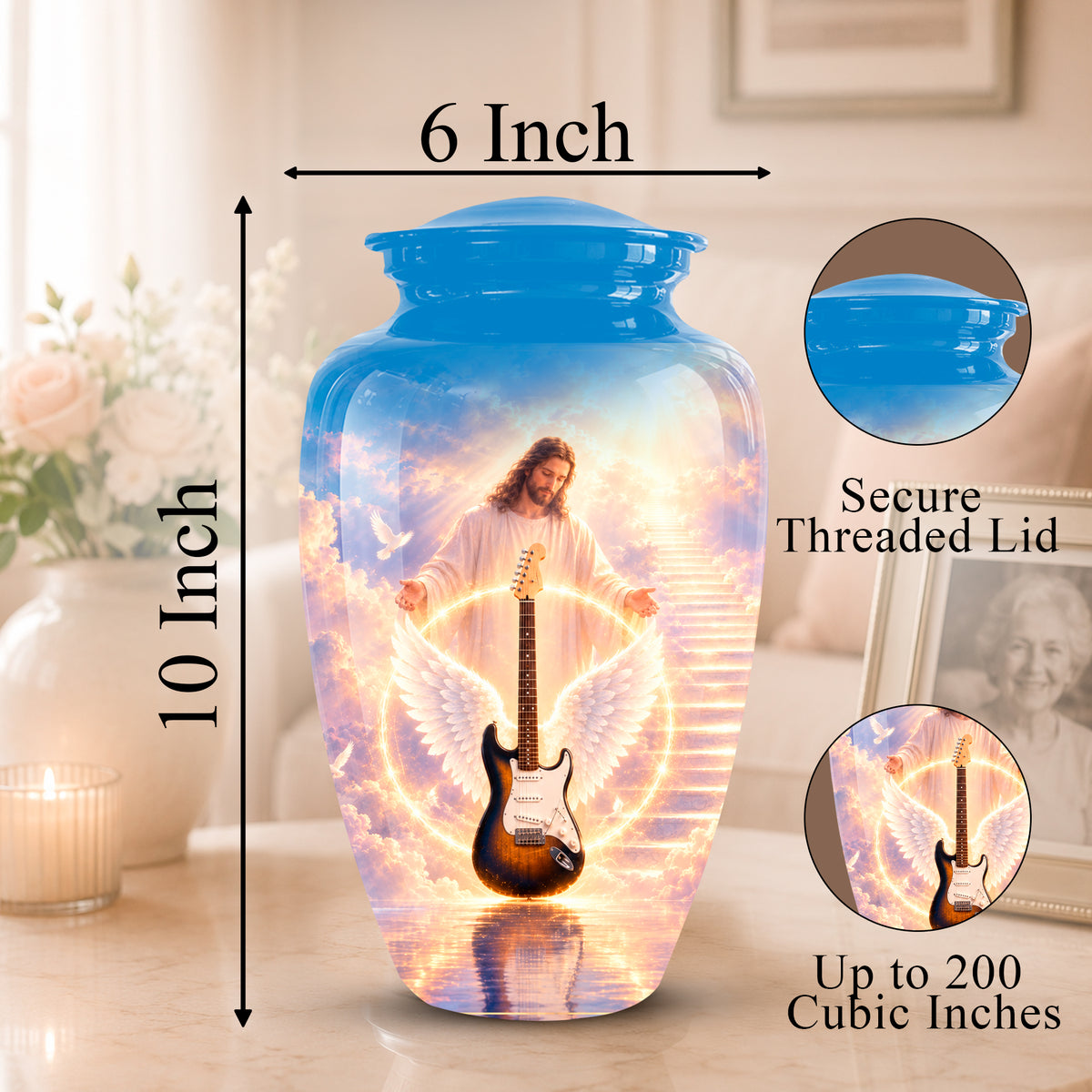A decorative ceramic urn with a blue threaded lid, featuring a printed graphic of Jesus with angel wings and a guitar on a glowing staircase. The image includes dimension labels showing 10 inch height and 6 inch width, plus circular insets highlighting the secure threaded lid and the printed design.