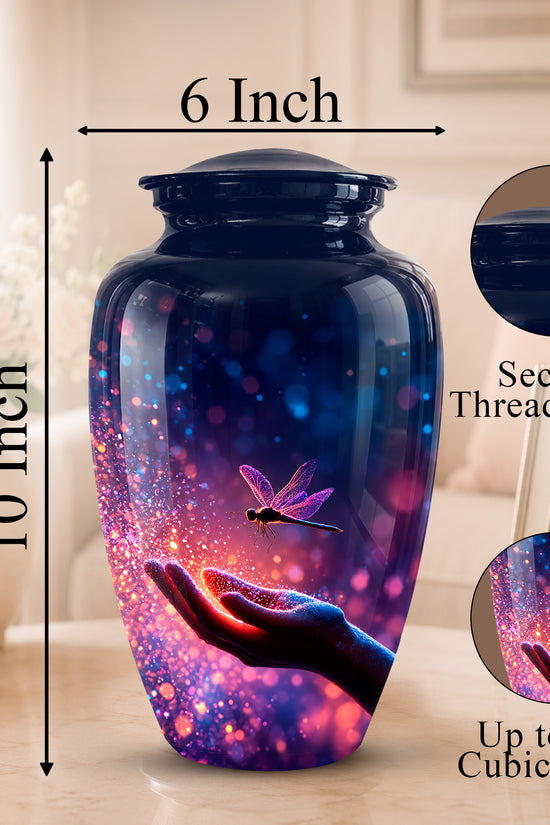 A decorative urn-shaped vase with a threaded lid, shown in a home interior setting with dimension callouts reading 6 Inch across the top and 10 Inch tall on the left. Two circular inset close-ups on the right show the lid detail and printed artwork detail.