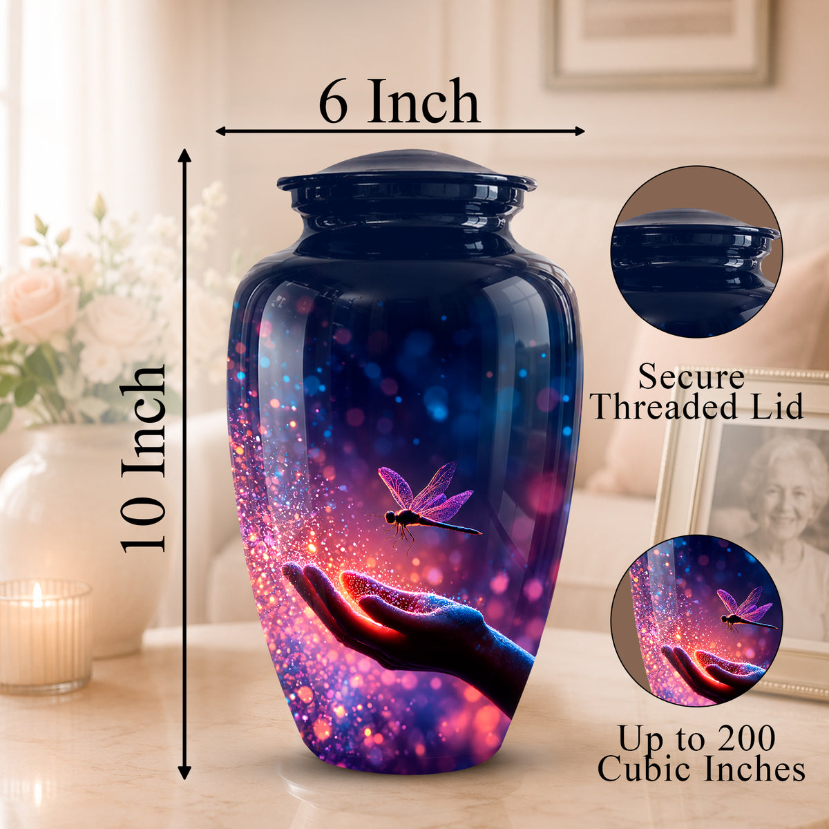 A decorative urn-shaped vase with a threaded lid, shown in a home interior setting with dimension callouts reading 6 Inch across the top and 10 Inch tall on the left. Two circular inset close-ups on the right show the lid detail and printed artwork detail.