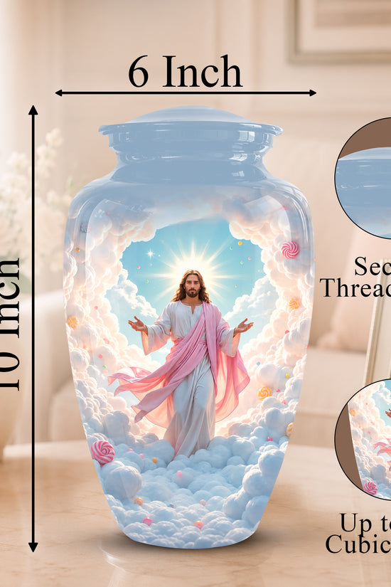A decorative ceramic urn-shaped vase with a lid, shown in a home interior setting with dimension callouts reading 6 Inch across the top and 10 Inch tall on the left. The vase features a printed religious scene of Jesus standing among clouds with a glowing halo.