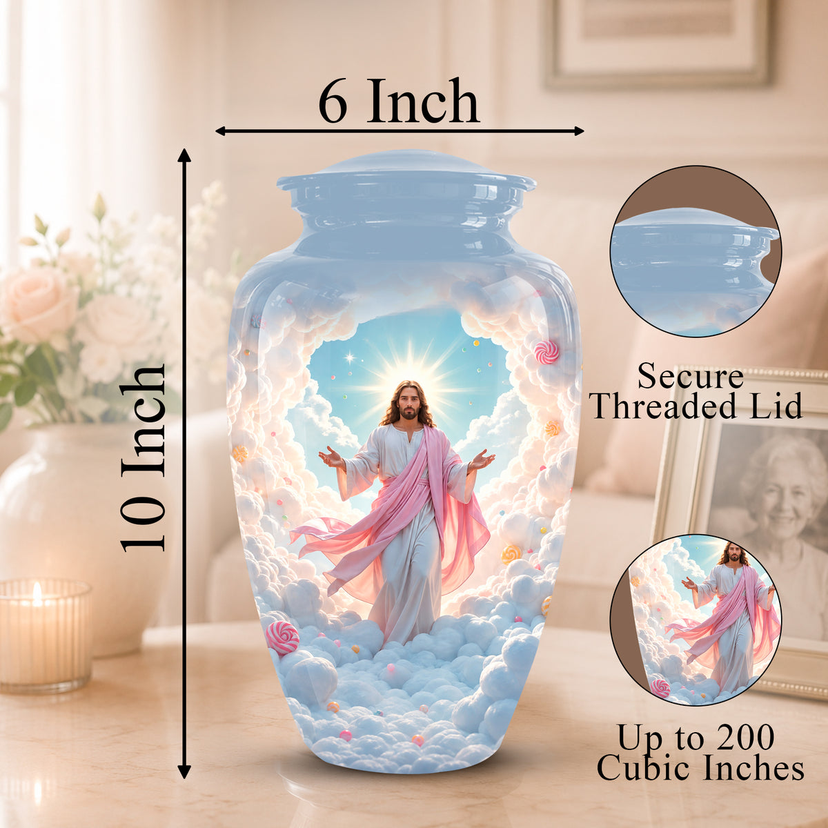 A decorative ceramic urn-shaped vase with a lid, shown in a home interior setting with dimension callouts reading 6 Inch across the top and 10 Inch tall on the left. The vase features a printed religious scene of Jesus standing among clouds with a glowing halo.
