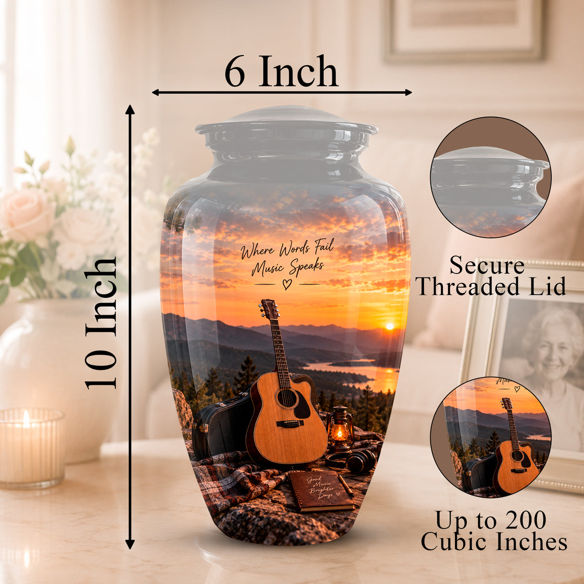 Personalized glass urn vase with a sunset landscape print featuring an acoustic guitar and mountains, shown with dimension labels of 10 inch height and 6 inch width, plus inset circles demonstrating the secure threaded lid and large storage capacity up to 200 cubic inches.