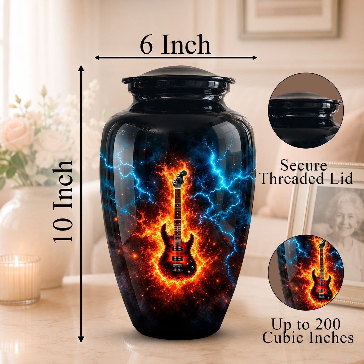 A black ceramic urn with a glossy finish, featuring a vibrant graphic of a red electric guitar surrounded by blue lightning and orange flames. The image includes dimension markers showing the urn is 10 inches tall and 6 inches wide, with circular insets showing the secure threaded lid and the detailed print texture.