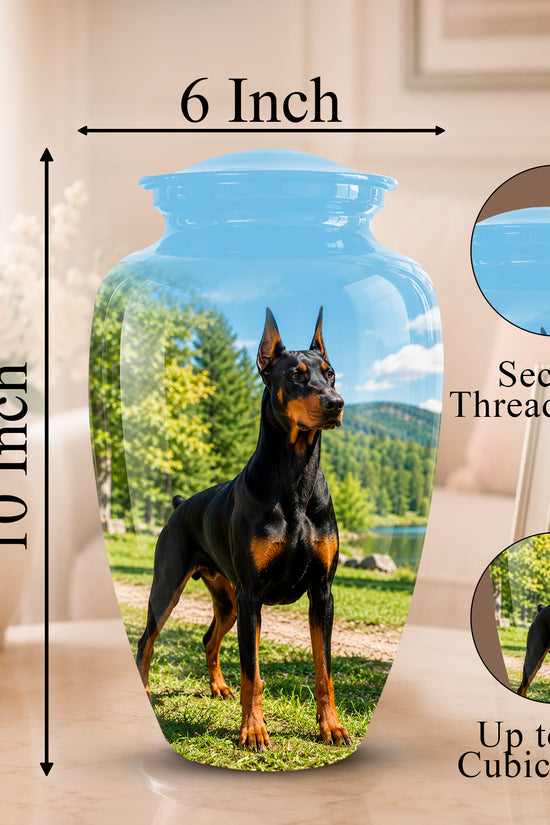 Personalized glass pet memorial vase with a printed Doberman dog design, shown with dimension labels (6 inch top, 10 inch height) and circular callouts for the secure threaded lid and 200 cubic inch capacity.