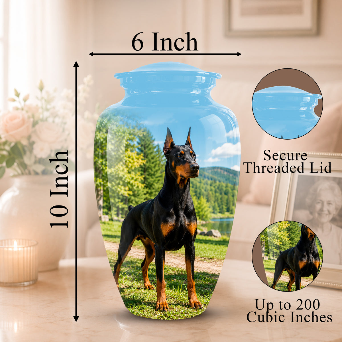 Personalized glass pet memorial vase with a printed Doberman dog design, shown with dimension labels (6 inch top, 10 inch height) and circular callouts for the secure threaded lid and 200 cubic inch capacity.