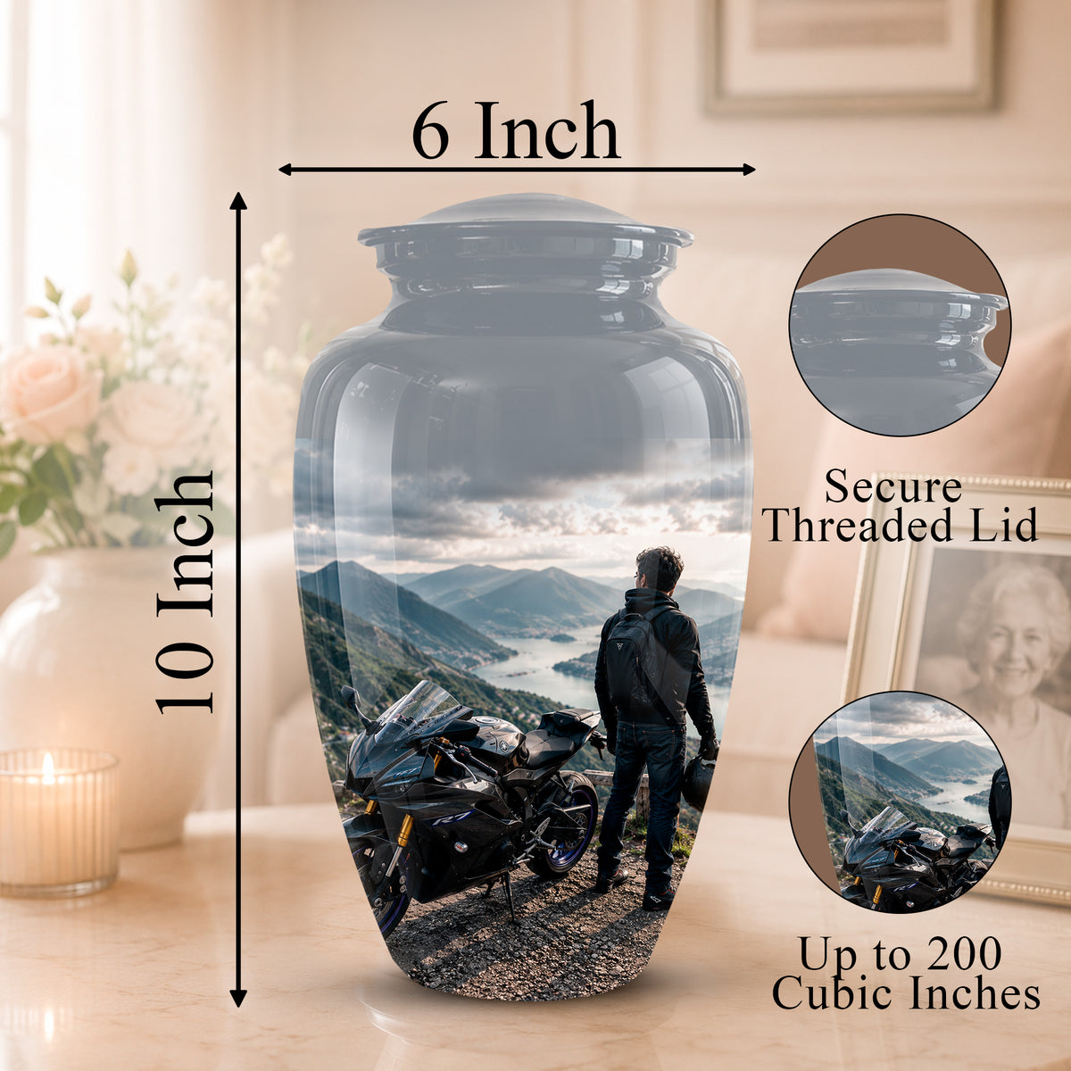 A 10-inch by 6-inch glass cremation urn with a custom photo print of a motorcyclist and mountain scenery, shown on a table with dimension arrows, a secure threaded lid inset, and a 200 cubic inch capacity inset.
