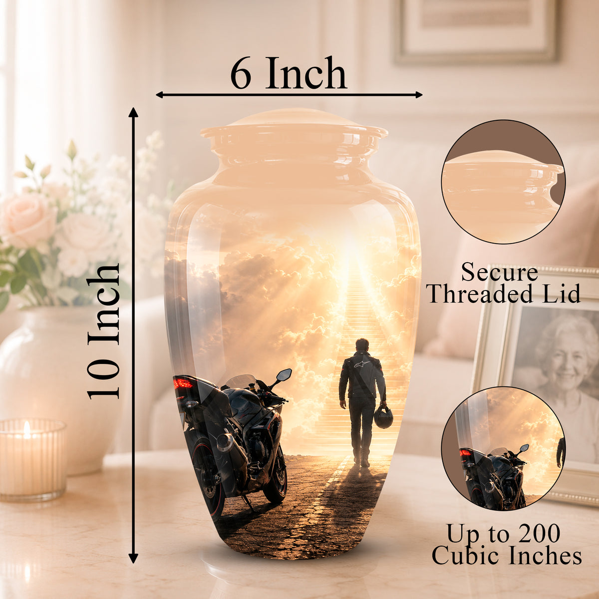 A large decorative vase shown on a tabletop in a softly lit room, with measurement arrows indicating 10 inch height and 6 inch width. The vase has a printed scenic design featuring a motorcycle, a person walking toward bright light, and sun rays.