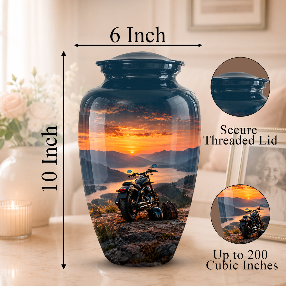 A 10-inch by 6-inch ceramic memorial urn with a printed motorcycle landscape sunset design, shown on a tabletop with dimension callouts and feature callouts.