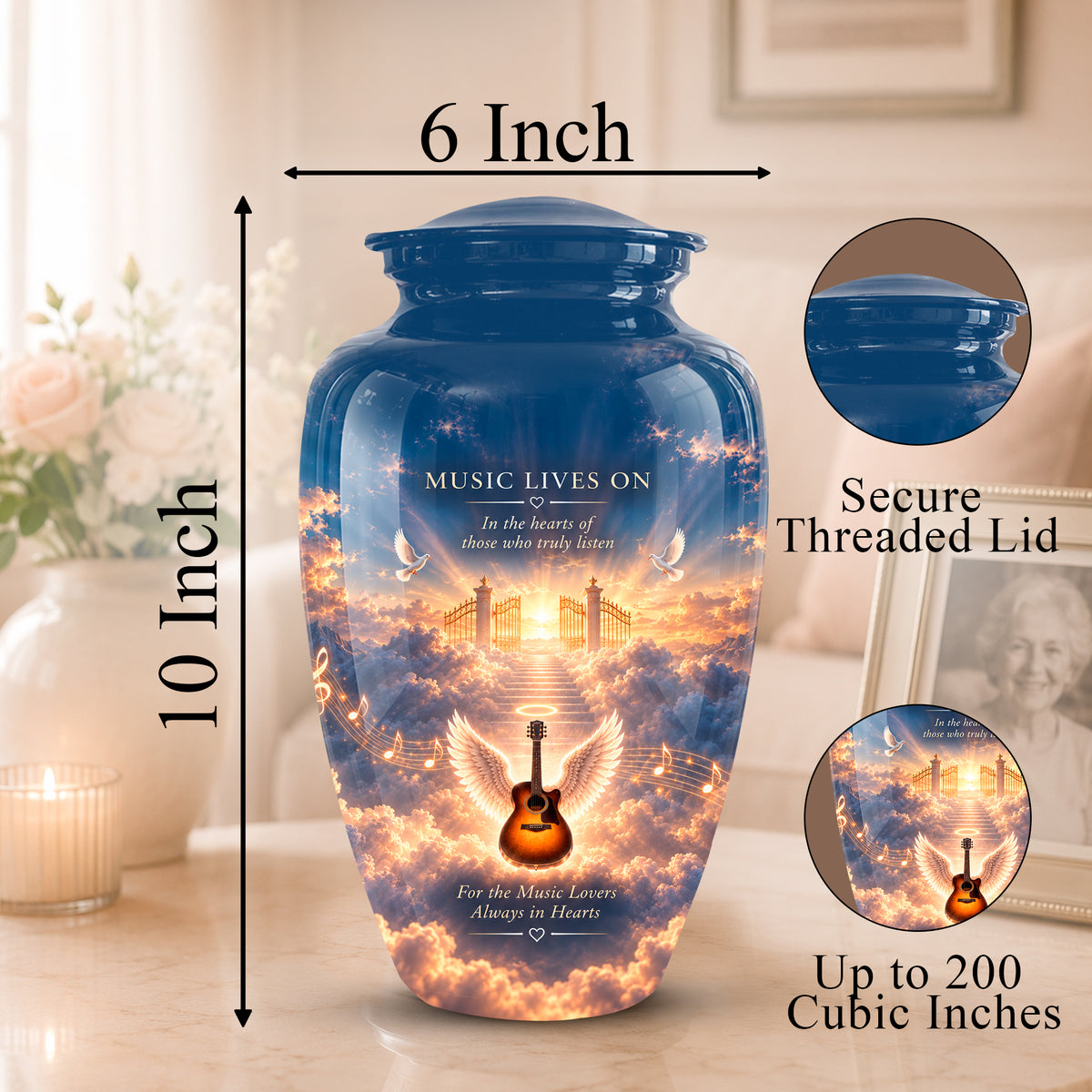 Personalized blue urn with a glowing golden angel and guitar design, shown with dimension labels of 10 inch height and 6 inch width, plus circular inset close-ups of the secure threaded lid and printed detail.
