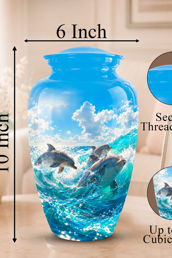 Blue glass cremation urn with a dolphin ocean scene, shown with dimension labels 6 inch width and 10 inch height, plus circular inset details for the secure threaded lid and 200 cubic inch capacity.