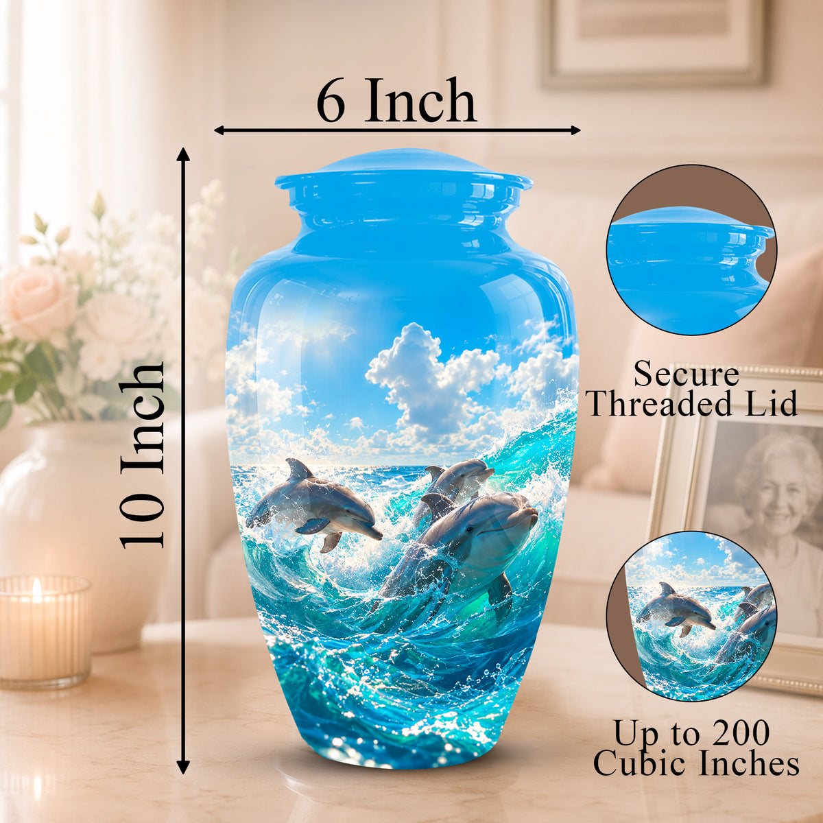 Blue glass cremation urn with a dolphin ocean scene, shown with dimension labels 6 inch width and 10 inch height, plus circular inset details for the secure threaded lid and 200 cubic inch capacity.