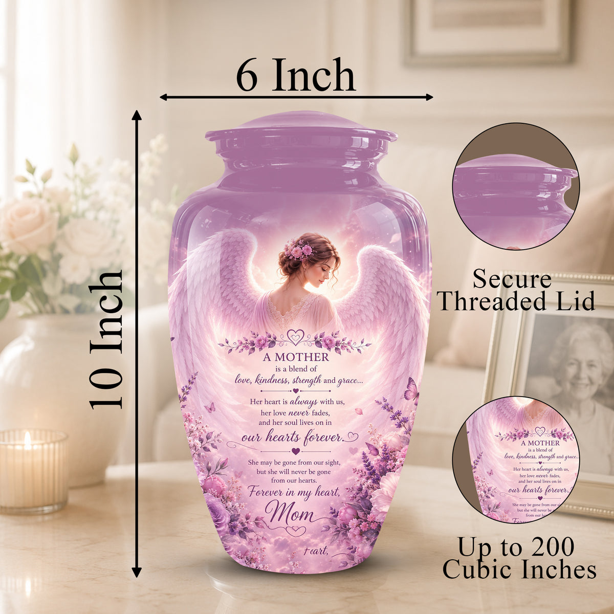 Pink Angel Mom Wings Cremation Urn - Custom Quotes Funeral Urns For Mom