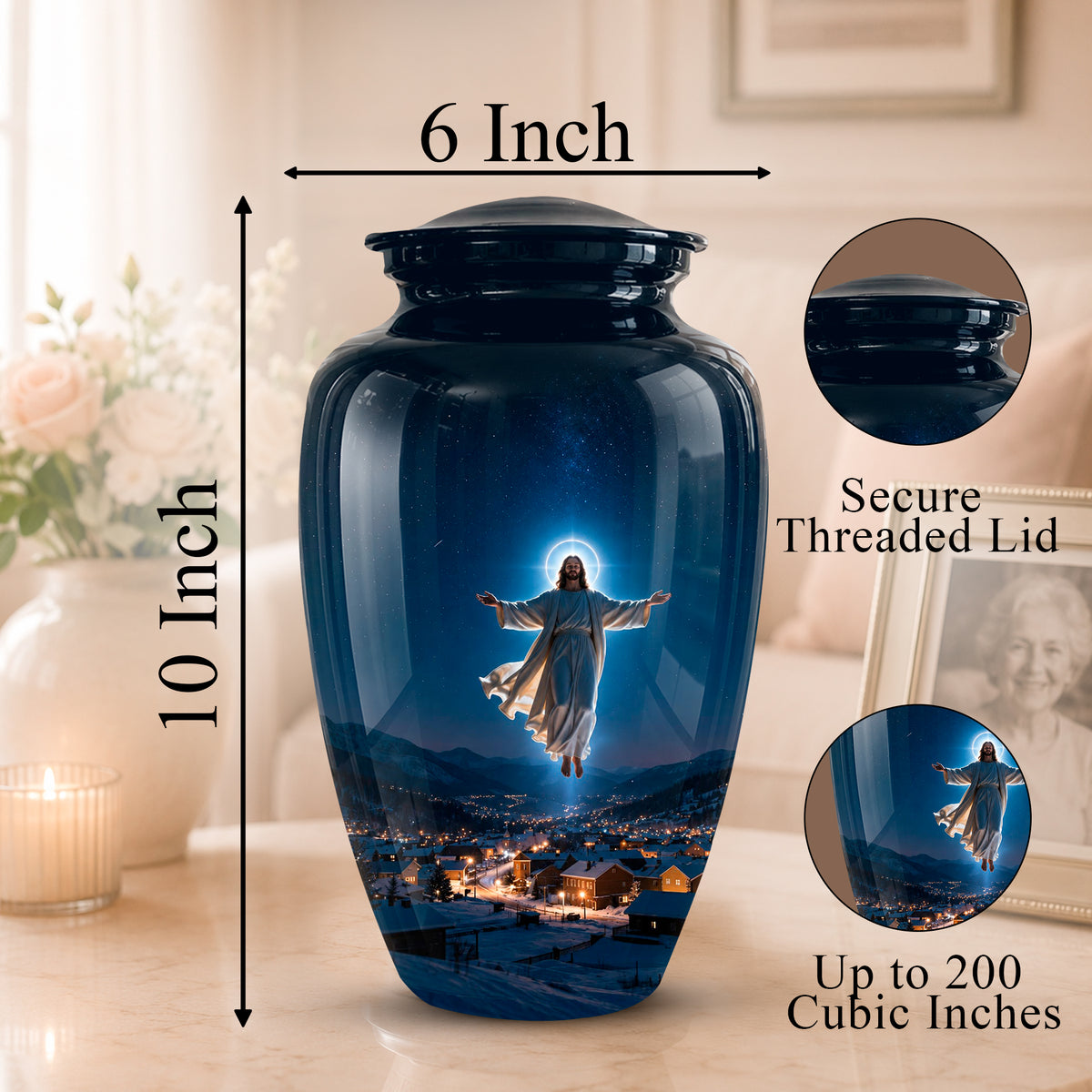 A glossy dark blue glass urn with a printed image of Jesus floating above a glowing town at night. The urn is shown on a tabletop in a softly lit room, with measurement arrows indicating 6 inch width and 10 inch height, plus circular close-ups labeled 'Secure Threaded Lid' and 'Up to 200 Cubic Inches.