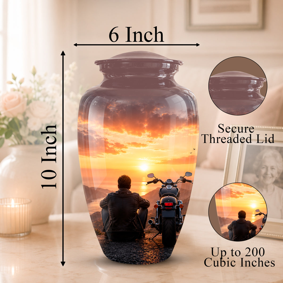 A 10-inch by 6-inch ceramic memorial urn with a sunset motorcycle scene printed on it, shown on a tabletop with dimension arrows, a threaded lid inset, and capacity text.