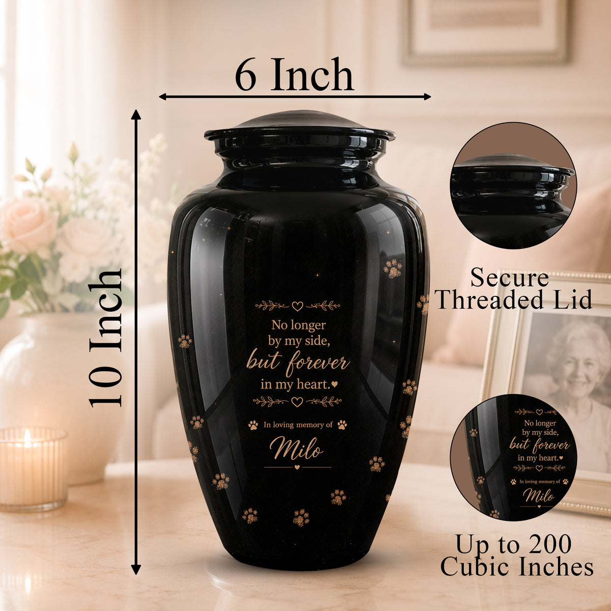 Black ceramic cremation urn with gold text and paw print designs, shown with dimension arrows indicating 10 inch height and 6 inch width. Includes inset circles showing the secure threaded lid and engraved design detail.