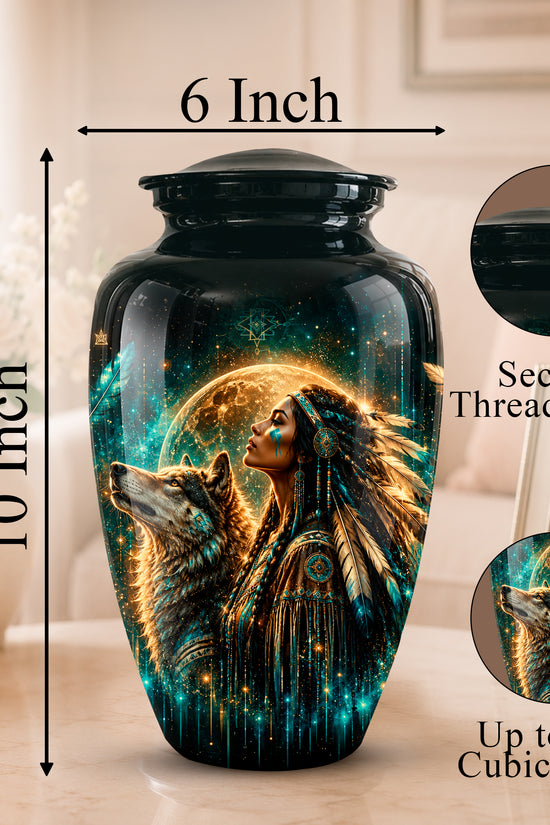 A black ceramic urn with a colorful printed design of a woman and wolf under a full moon, shown on a tabletop with dimension labels reading 10 Inch height, 6 Inch width, and inset close-ups of the secure threaded lid and the printed detail.