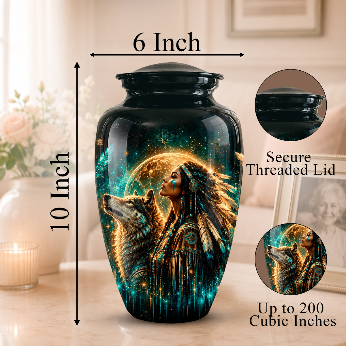 A black ceramic urn with a colorful printed design of a woman and wolf under a full moon, shown on a tabletop with dimension labels reading 10 Inch height, 6 Inch width, and inset close-ups of the secure threaded lid and the printed detail.