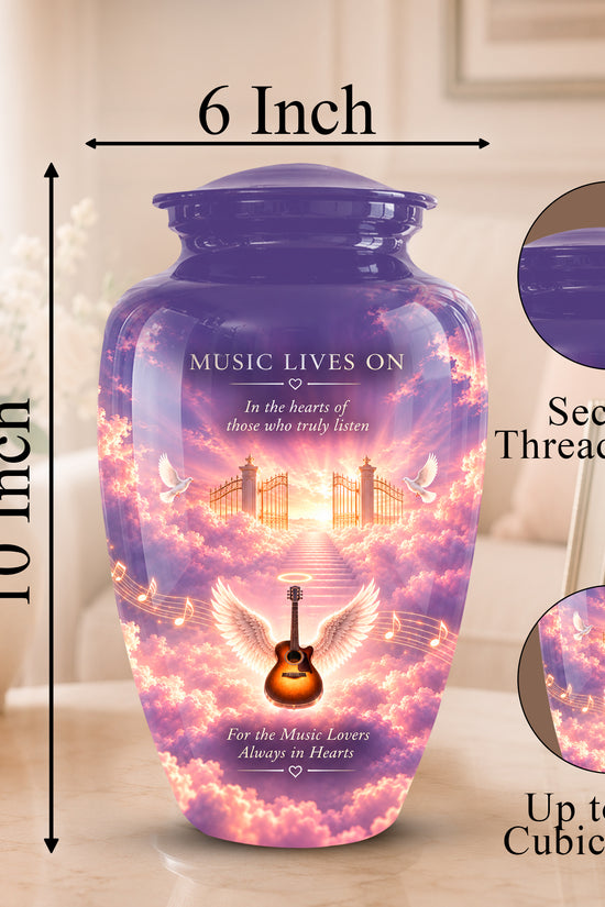 Personalized ceramic cremation urn with a purple lid and a colorful sky design featuring an angel, guitar, and gates. The image includes dimension markers showing 10 inches height and 6 inches width, plus circular insets highlighting the secure threaded lid and the printed design details.