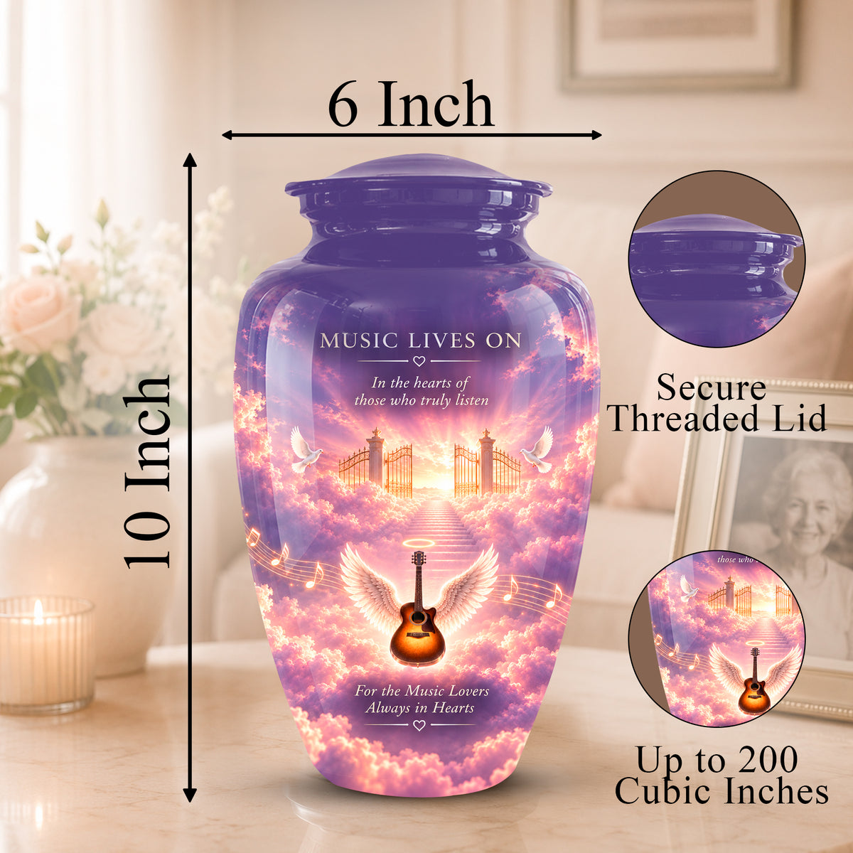 Personalized ceramic cremation urn with a purple lid and a colorful sky design featuring an angel, guitar, and gates. The image includes dimension markers showing 10 inches height and 6 inches width, plus circular insets highlighting the secure threaded lid and the printed design details.