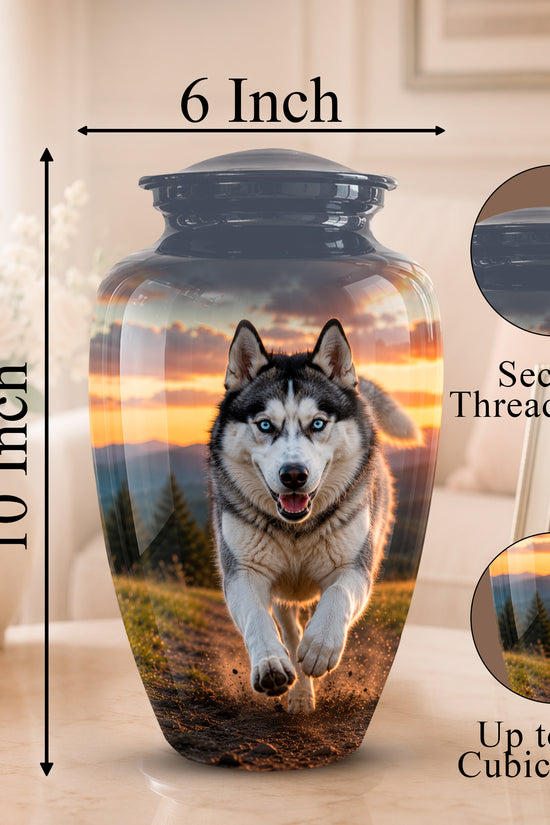 Personalized pet memorial urn with a husky running at sunset print, shown on a tabletop with dimension labels reading 10 Inch height and 6 Inch width, plus inset close-ups of the threaded lid and printed design.