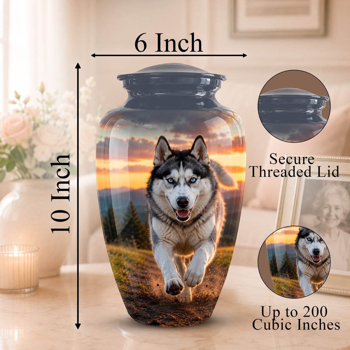Personalized pet memorial urn with a husky running at sunset print, shown on a tabletop with dimension labels reading 10 Inch height and 6 Inch width, plus inset close-ups of the threaded lid and printed design.