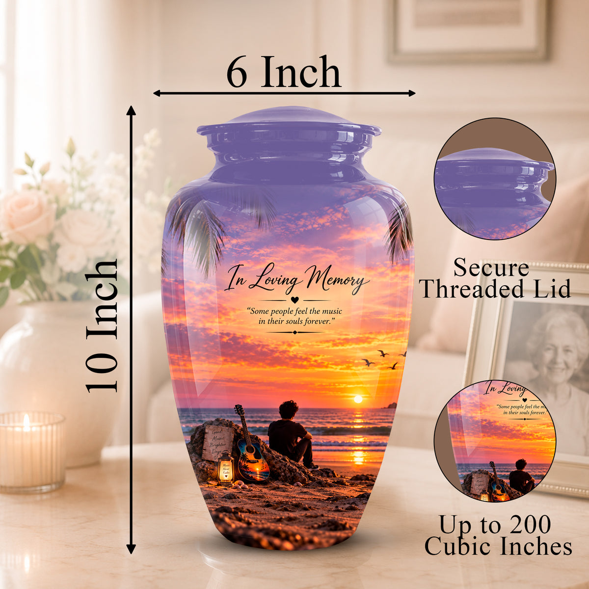 Guitar Sunset Memorial Urn - Custom Quotes & Ocean-Beach Urns For Ashes