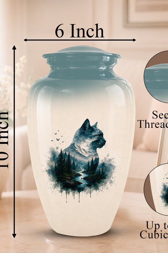 A ceramic cat memorial urn with a threaded lid, shown with dimension labels indicating 6 inch width and 10 inch height. The urn has a white to light blue gradient body with a dark blue watercolor-style cat and forest design on the front.