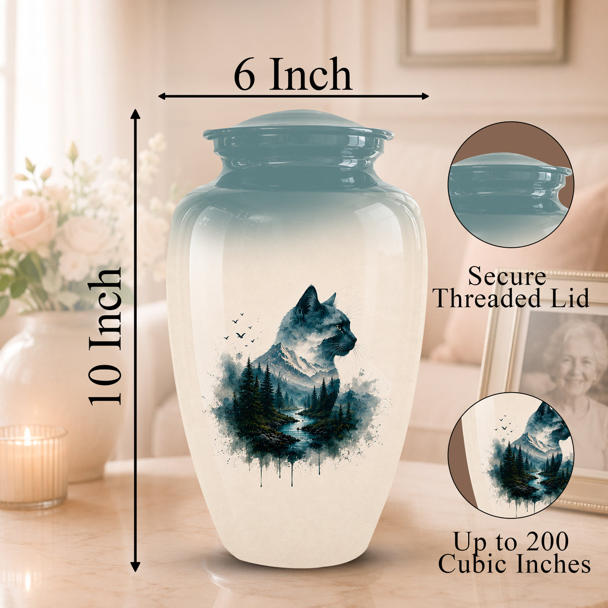 A ceramic cat memorial urn with a threaded lid, shown with dimension labels indicating 6 inch width and 10 inch height. The urn has a white to light blue gradient body with a dark blue watercolor-style cat and forest design on the front.