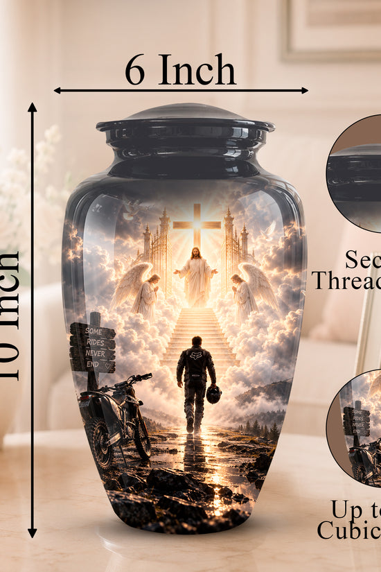 Personalized black ceramic cremation urn with a 10-inch height and 6-inch width, featuring a printed graphic of a man walking up a crosswalk toward a glowing cathedral and cross. Includes dimension callouts, a secure threaded lid close-up, and a 200 cubic inch capacity note.