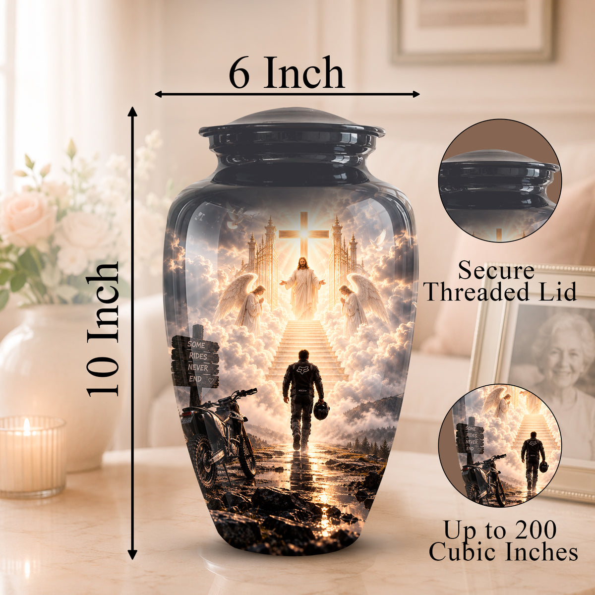 Personalized black ceramic cremation urn with a 10-inch height and 6-inch width, featuring a printed graphic of a man walking up a crosswalk toward a glowing cathedral and cross. Includes dimension callouts, a secure threaded lid close-up, and a 200 cubic inch capacity note.