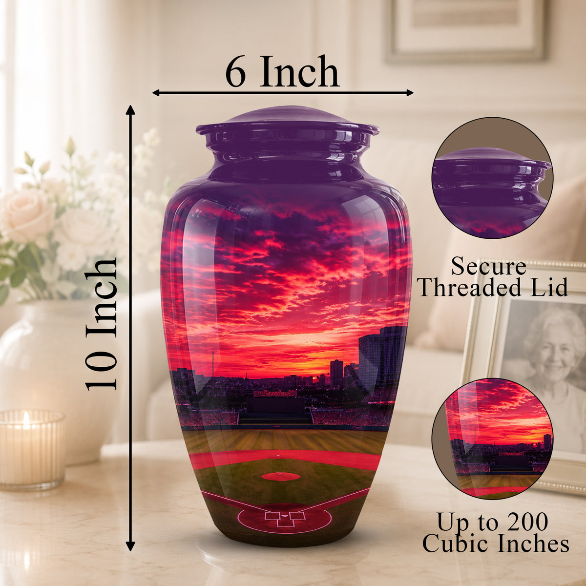 Sunset Baseball Ground Funeral Urn - Custom Burial Urns For Athletes Ashes