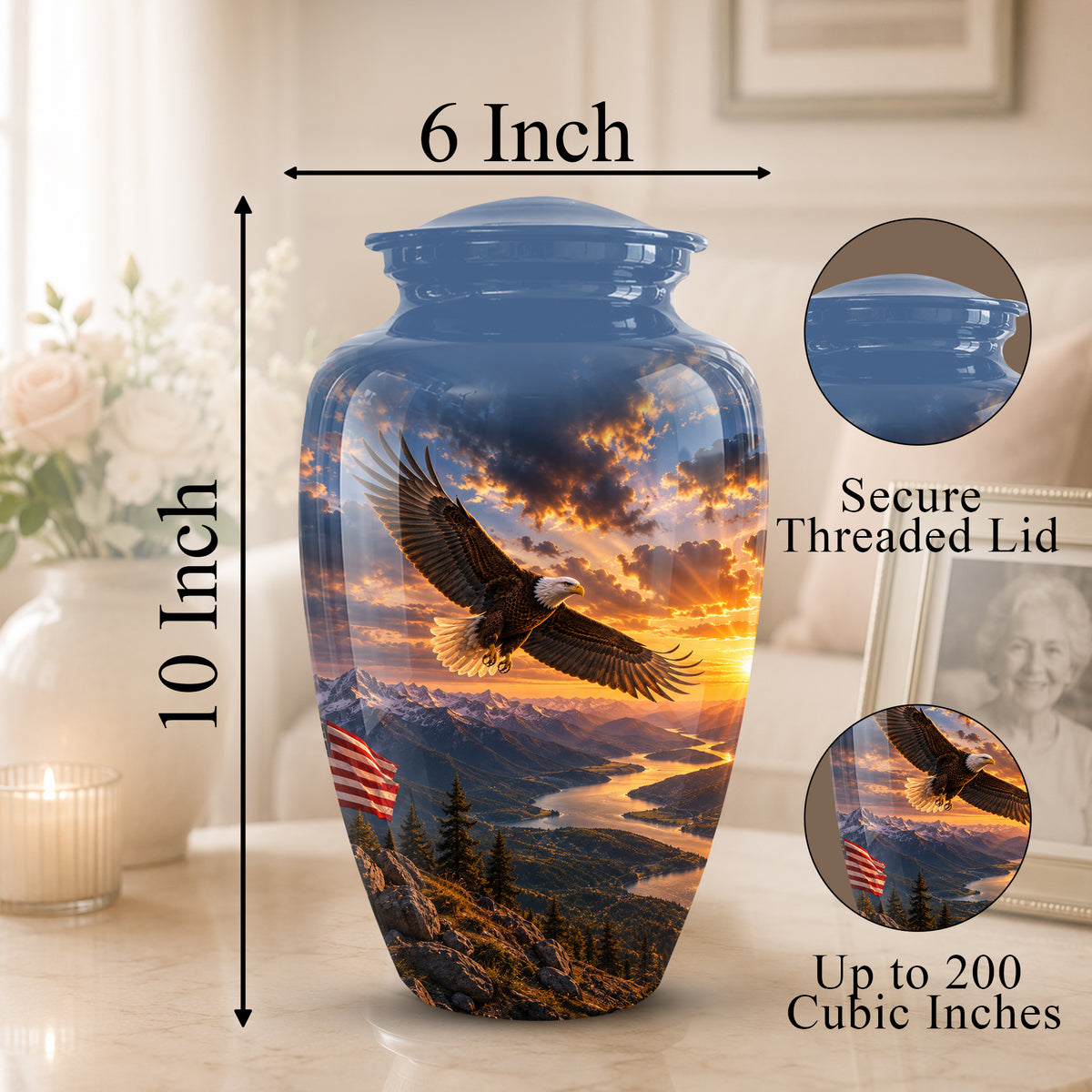 Sunset Eagle Funeral Urn - Blue Custom Aluminum Urns For Human Ashes