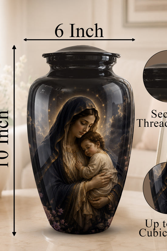 Virgin Mary With Baby Jesus Urn - Personalized Black Cremation Urn For Ashes